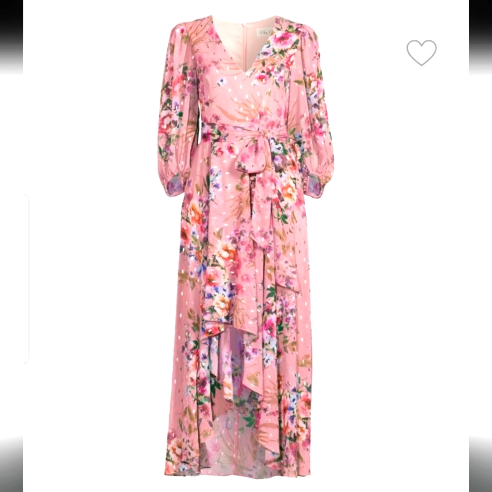 ELIZA J HIGH LOW MIDI DRESS PRETTY PINK FLORAL WEDDING BELTED BOW TIE COCKTAIL🍸